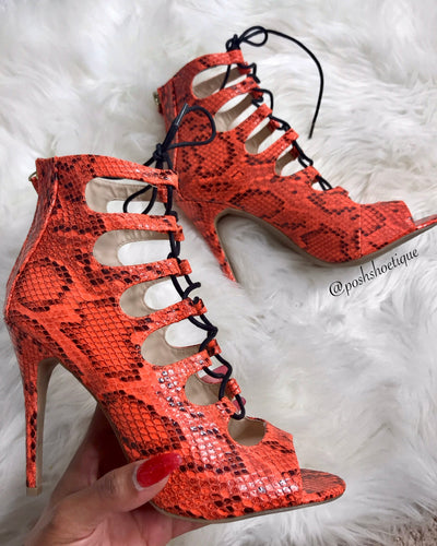Neon Orange lace up snake print heel